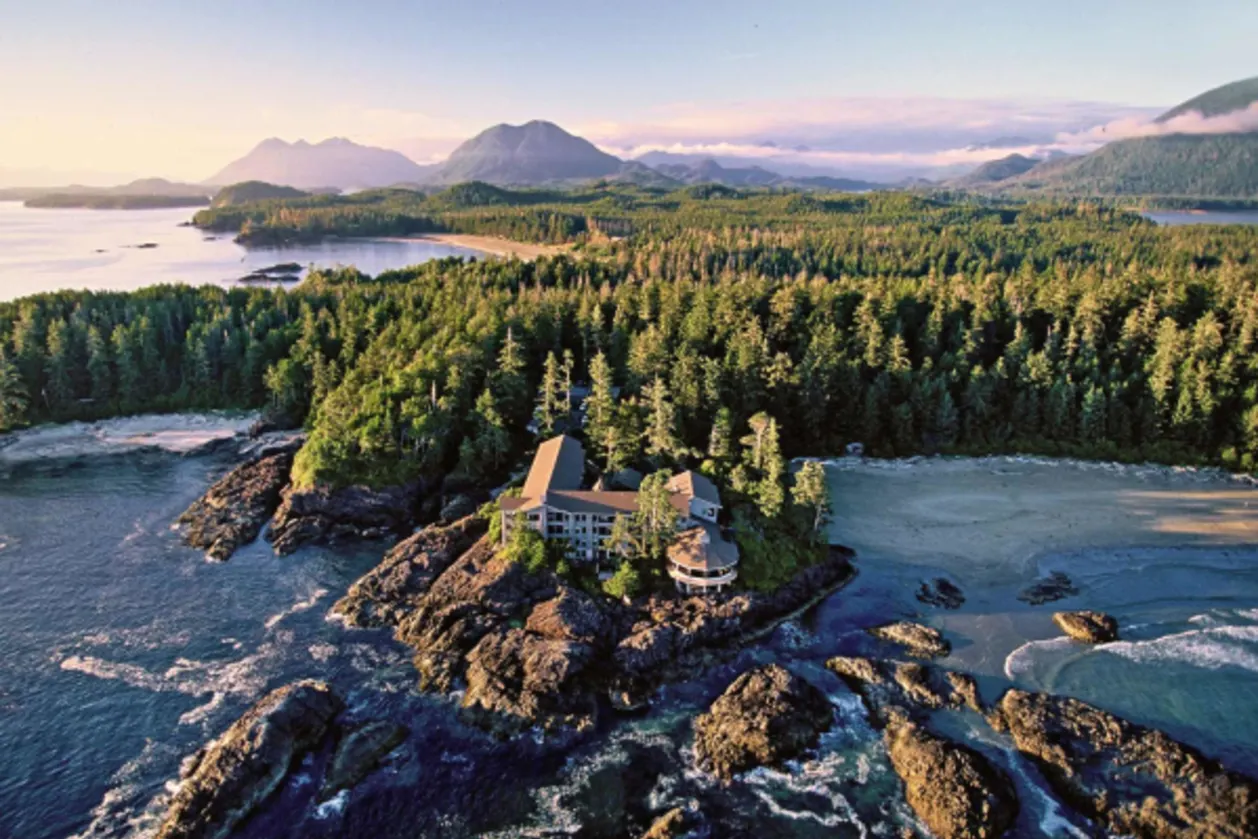Wickaninnish Inn British Columbia resort sunset aerial
